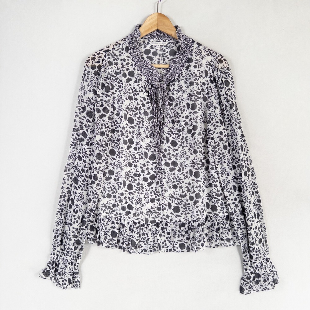 Rebecca Minkoff Top Blouse Womens Sz Medium White Gray Floral Sheer Ruffle Hem